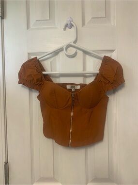 NYC Rust Puff-Sleeve Zip Front Crop Top